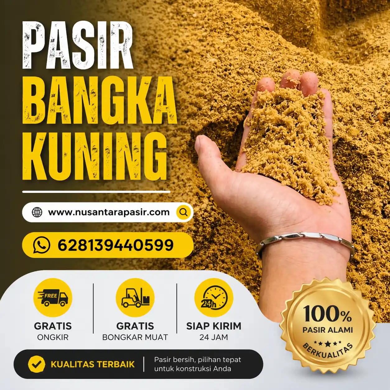 Jual pasir bangka kuning berkualitas 2026 untuk plesteran dinding halus dan pemasangan granit pengiriman 24 jam Jabodetabek