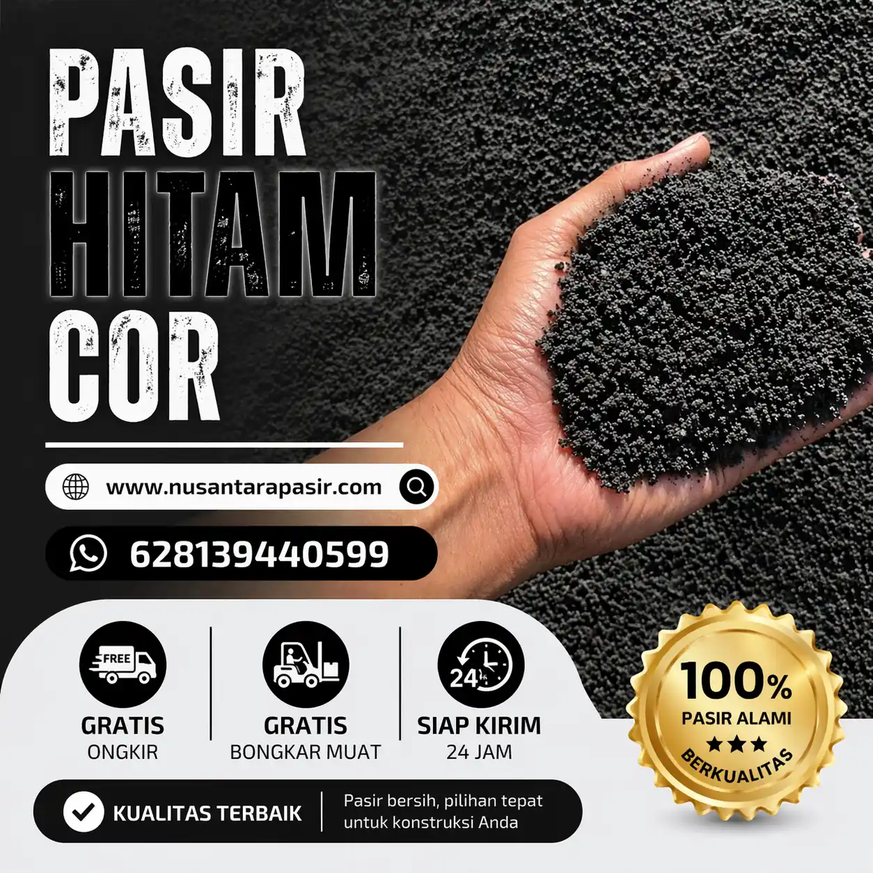 Jual pasir hitam cor berkualitas 2026 butiran tajam untuk cor beton dak lantai dan fondasi bangunan pengiriman 24 jam Jabodetabek