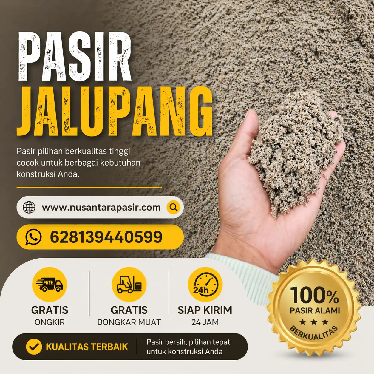 Jual pasir jalupang berkualitas 2026 yang tajam dan bersih untuk campuran cor beton dan pasangan pondasi pengiriman 24 jam Bogor